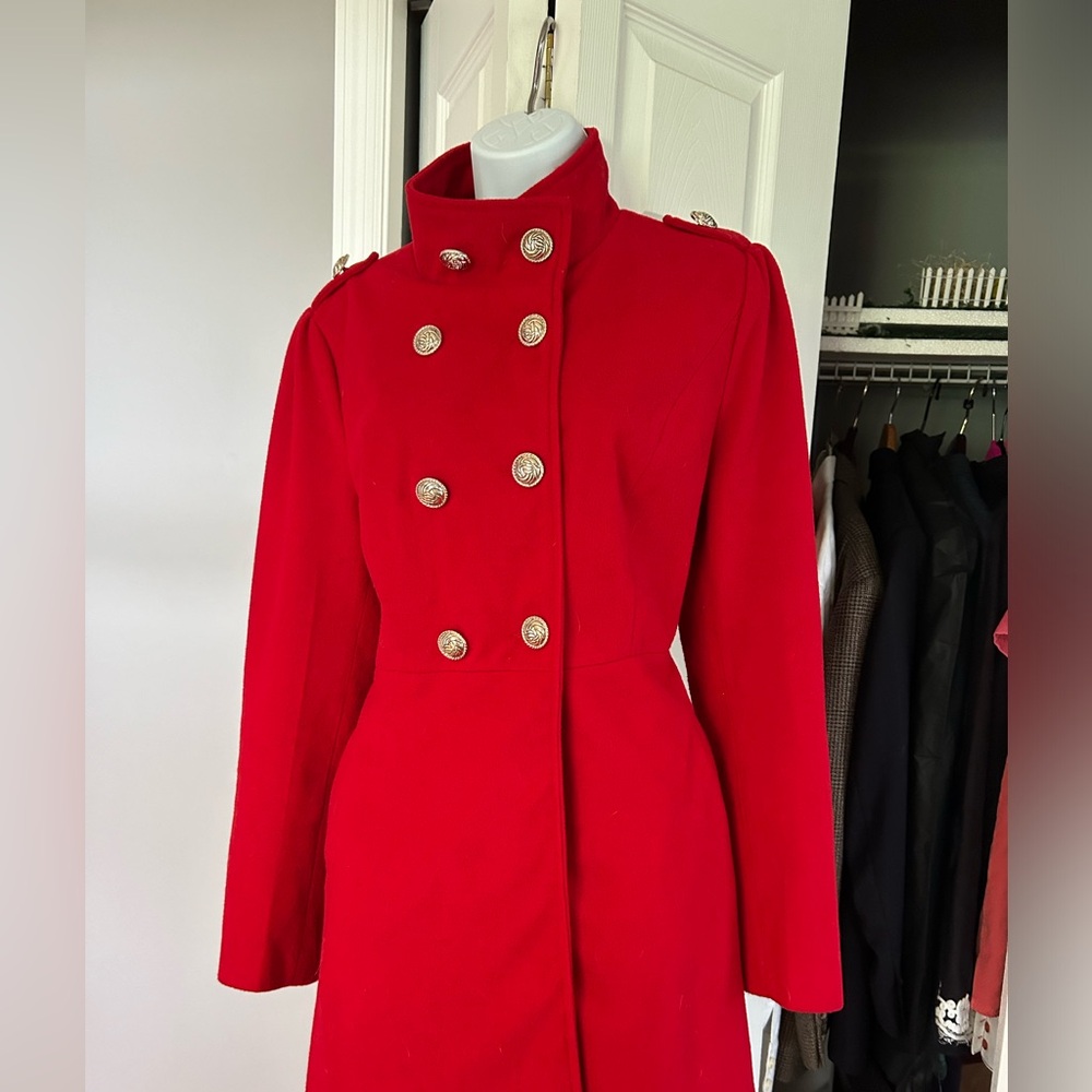 Red L wool coat. This coat is at 34” from collar to bottom